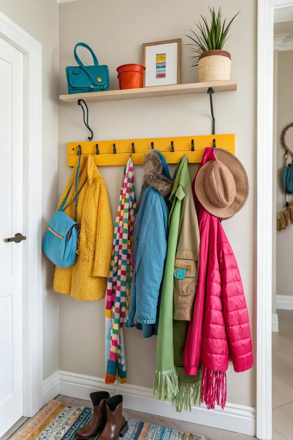A lively, brightly colored coat rack adding a playful vibe to a neutral-toned entry.