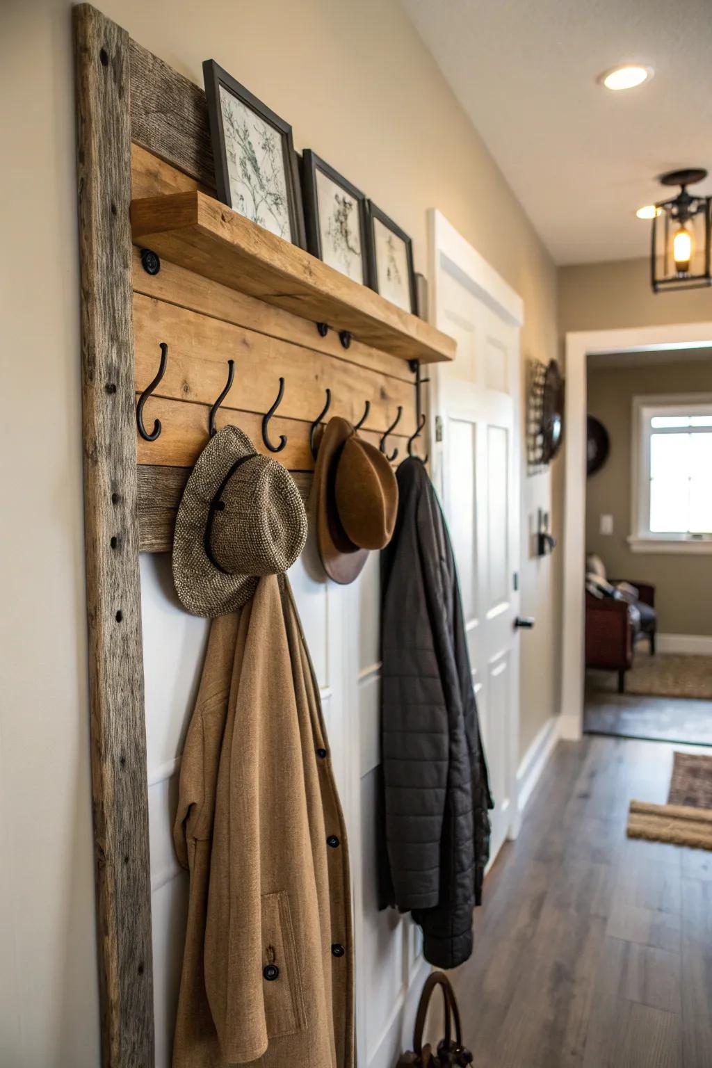 Coat rack made from reclaimed barn wood, adding warmth and character to the entry.