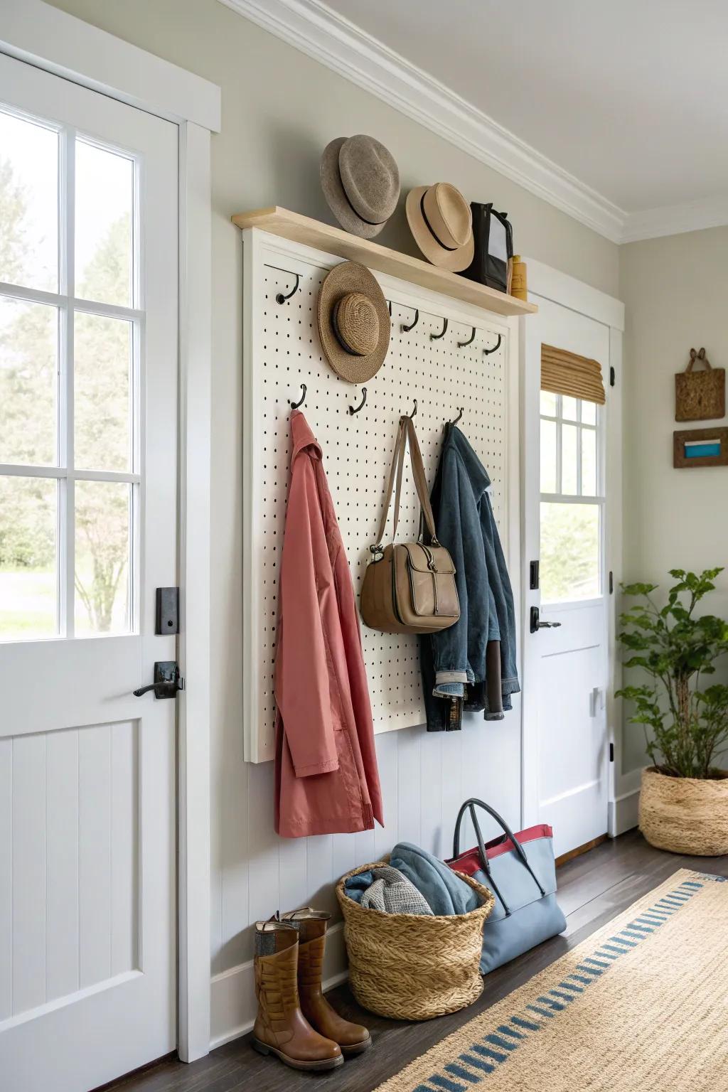 Pegboard coat rack offering flexible and adjustable storage options.