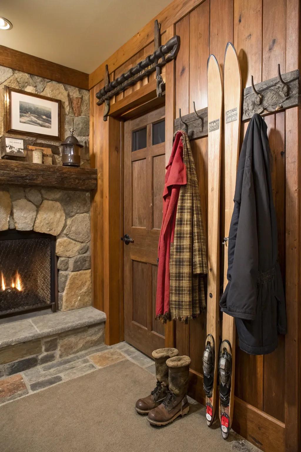 Repurposed vintage skis transformed into a charming and nostalgic coat rack.