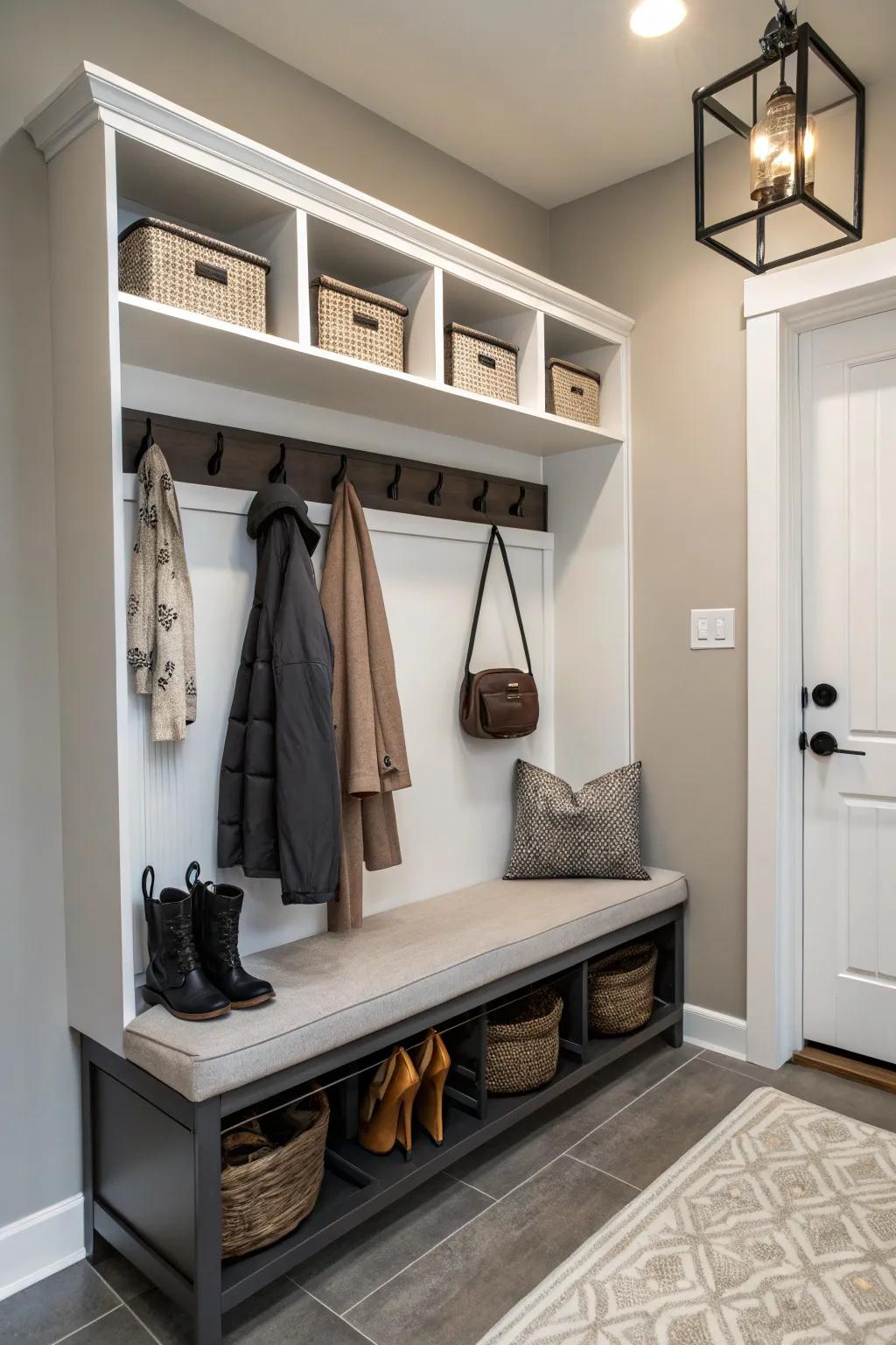 Multipurpose coat rack featuring integrated shelving and seating for efficient use of space.
