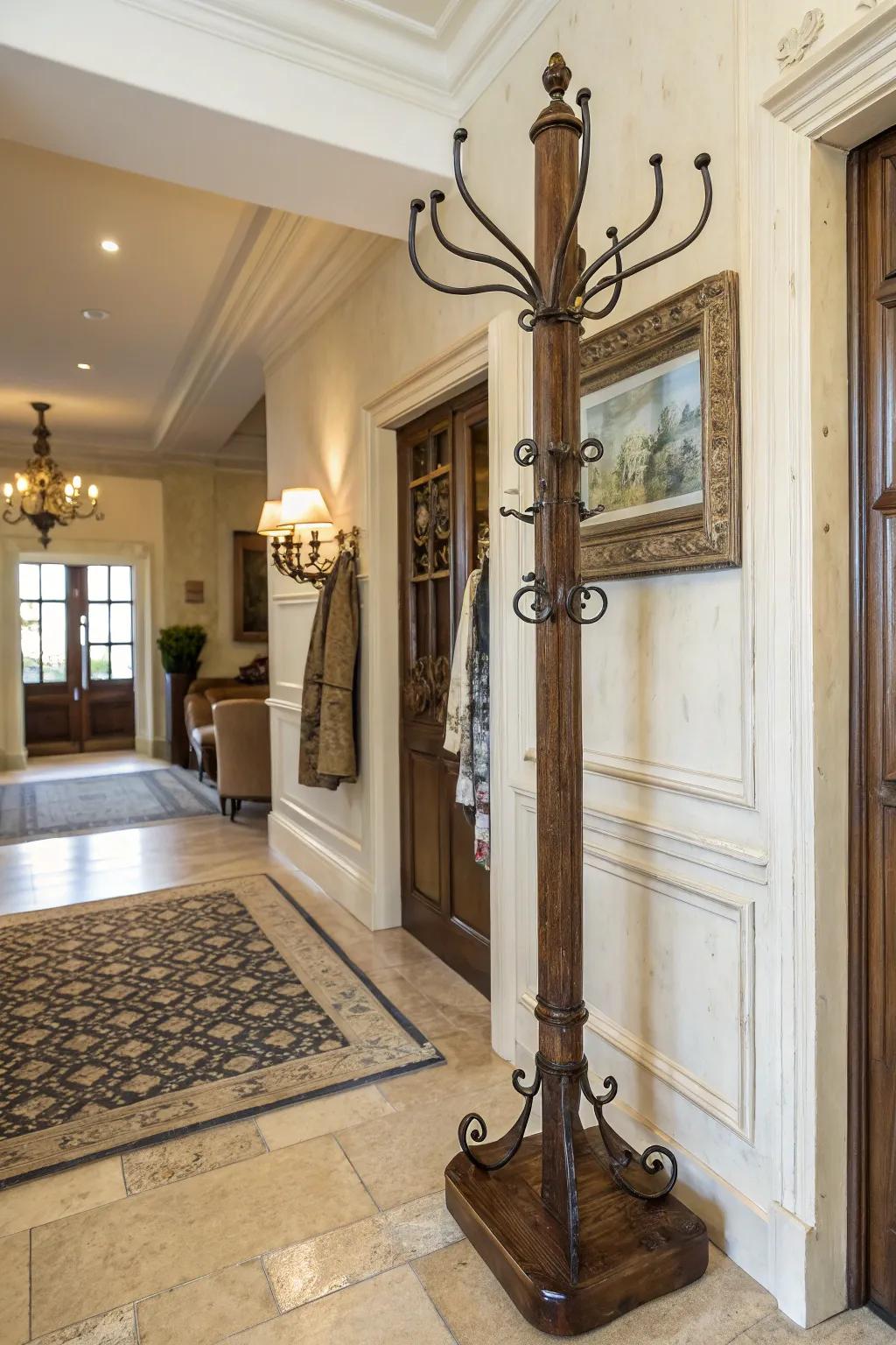 Vintage-style coat rack with classic mounts for a timeless and refined look.