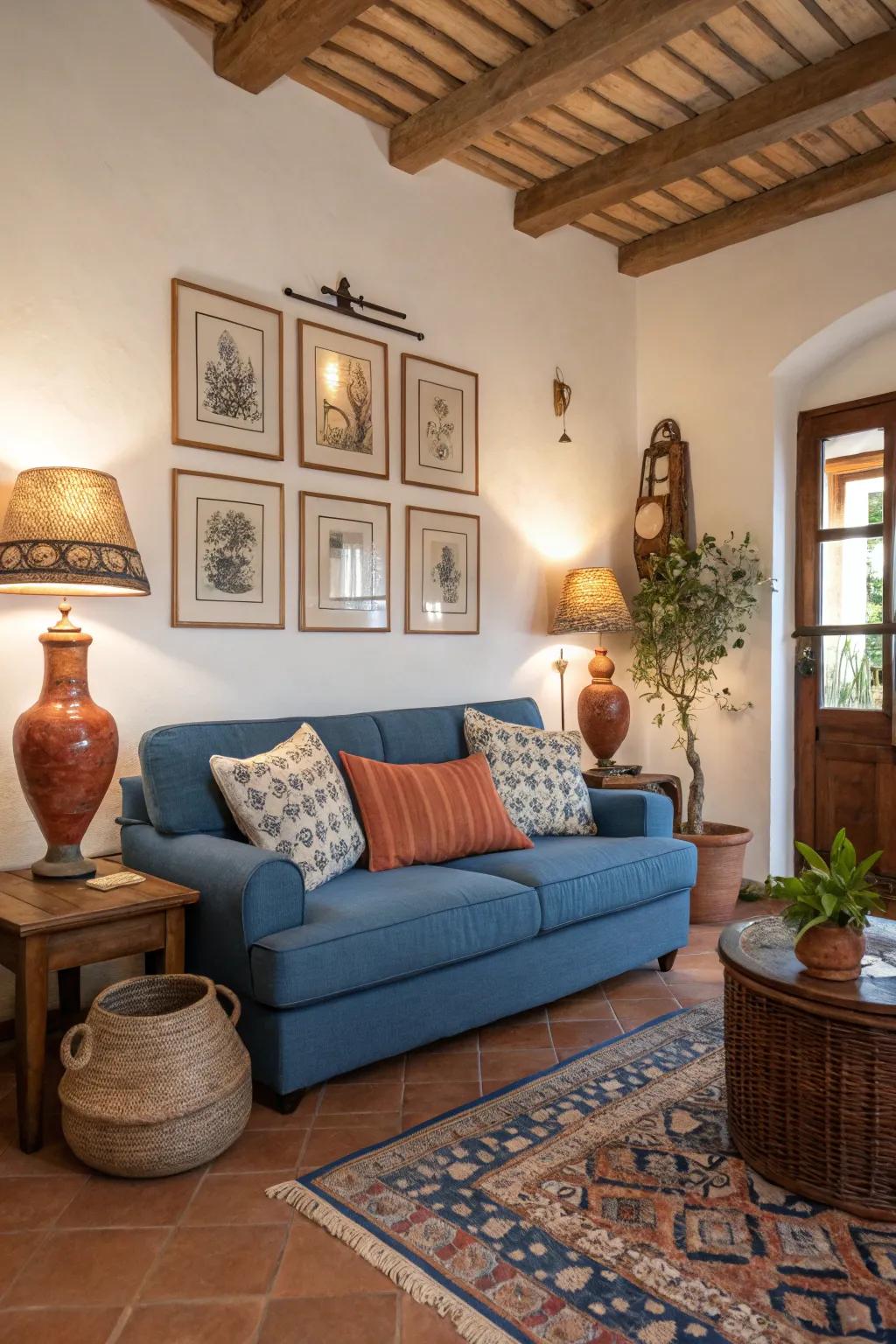 Earth tones paired with a blue sofa create a snug atmosphere.