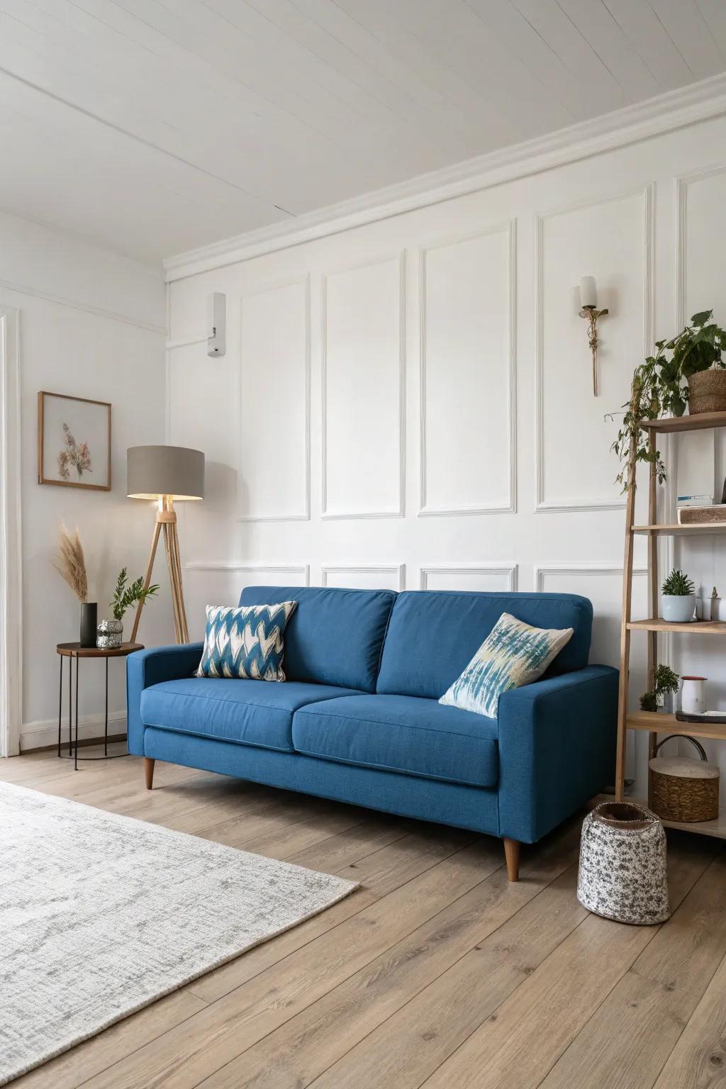 Minimalist design highlights the blue sofa.