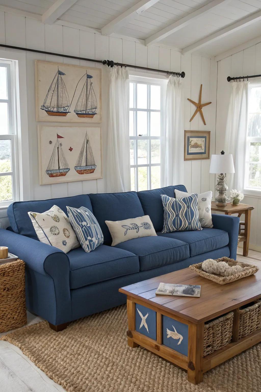 A blue sofa complements a coastal-themed living room.