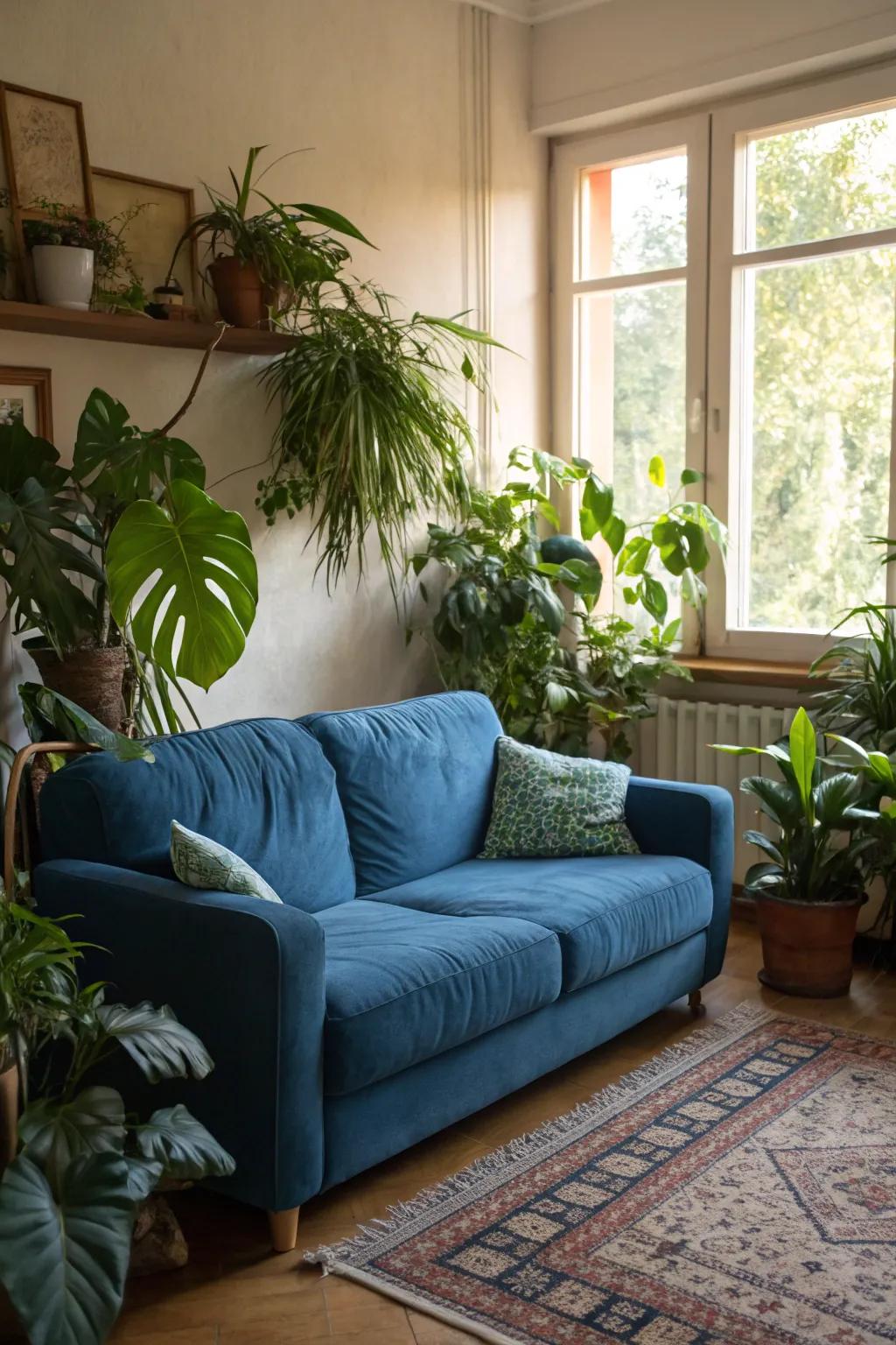 Plants bring freshness to a blue sofa setting.
