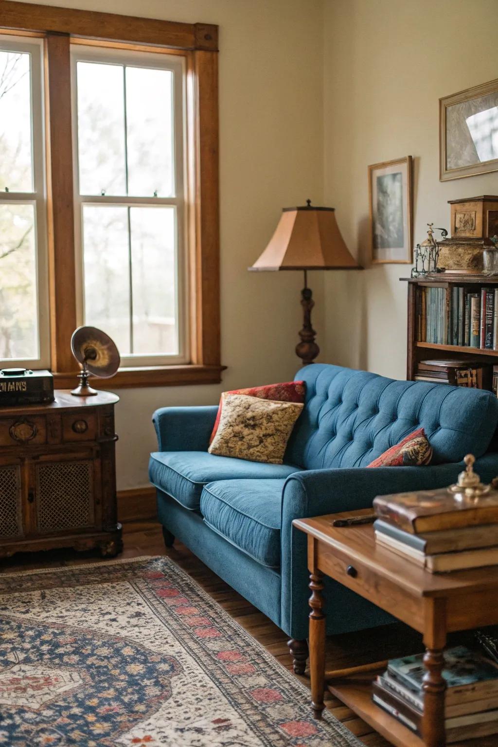 Classic accents add character to a blue sofa setup.