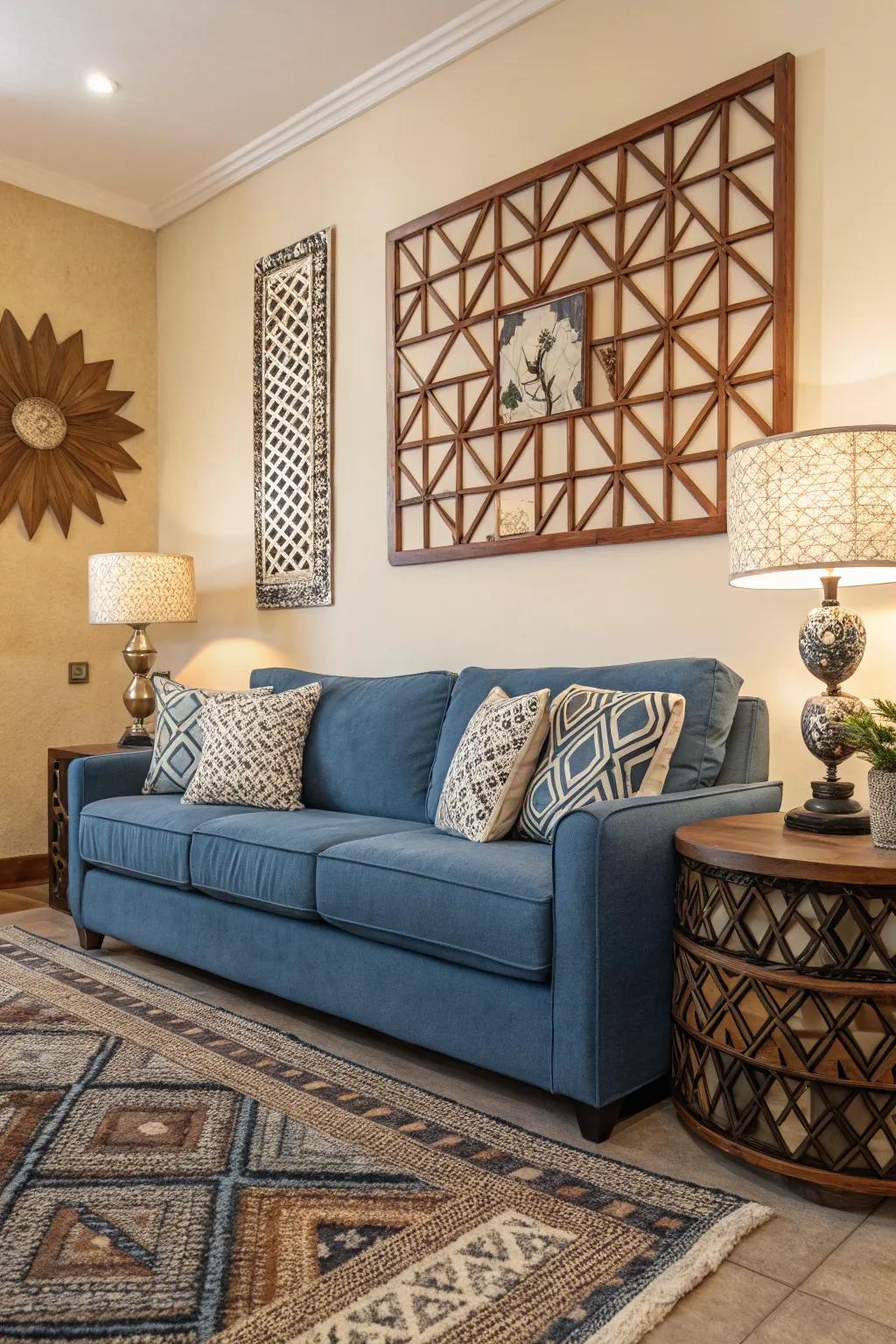 Geometric patterns add a modern touch to a blue sofa setting.