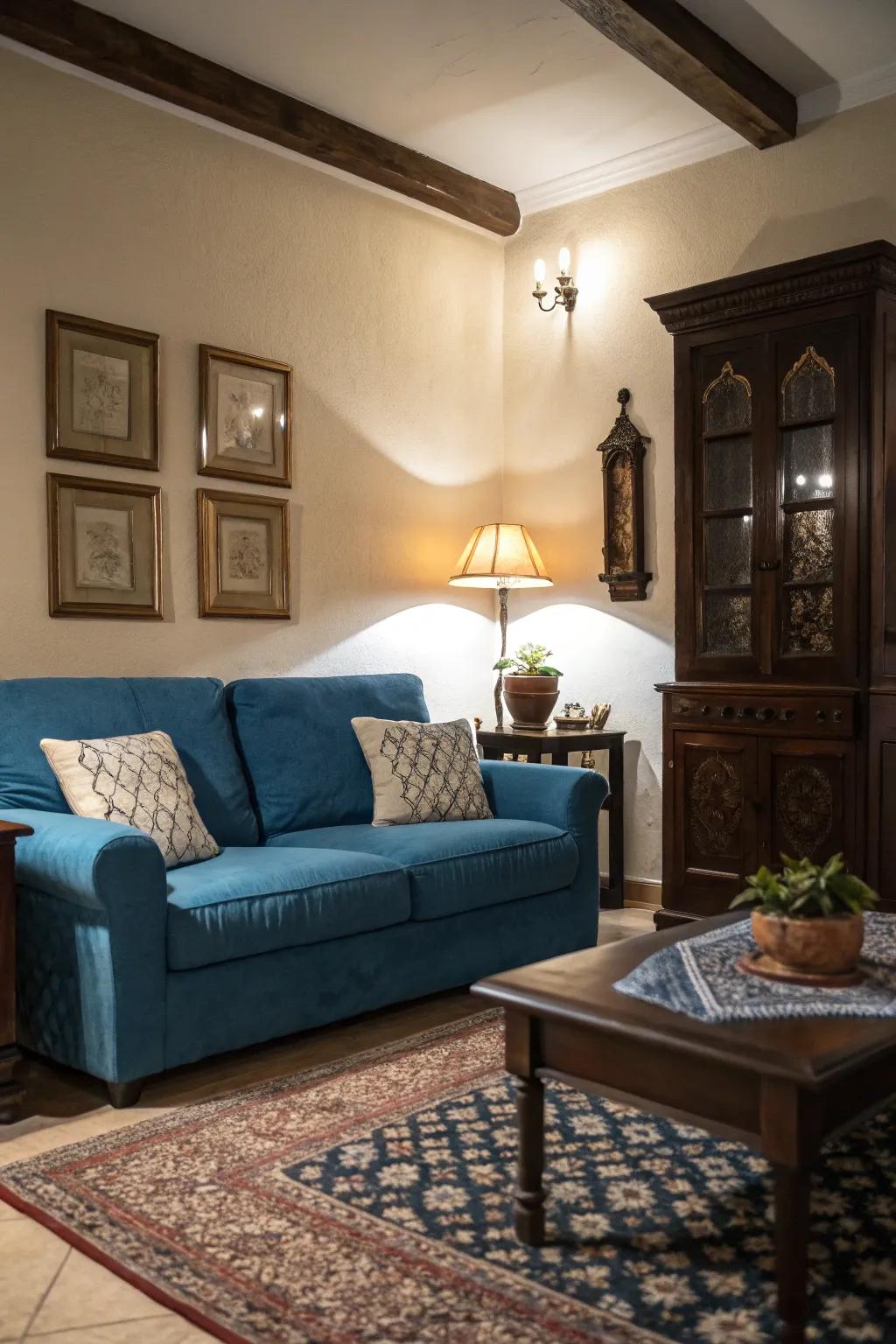 Dark wood furniture contrasts beautifully with a blue sofa.