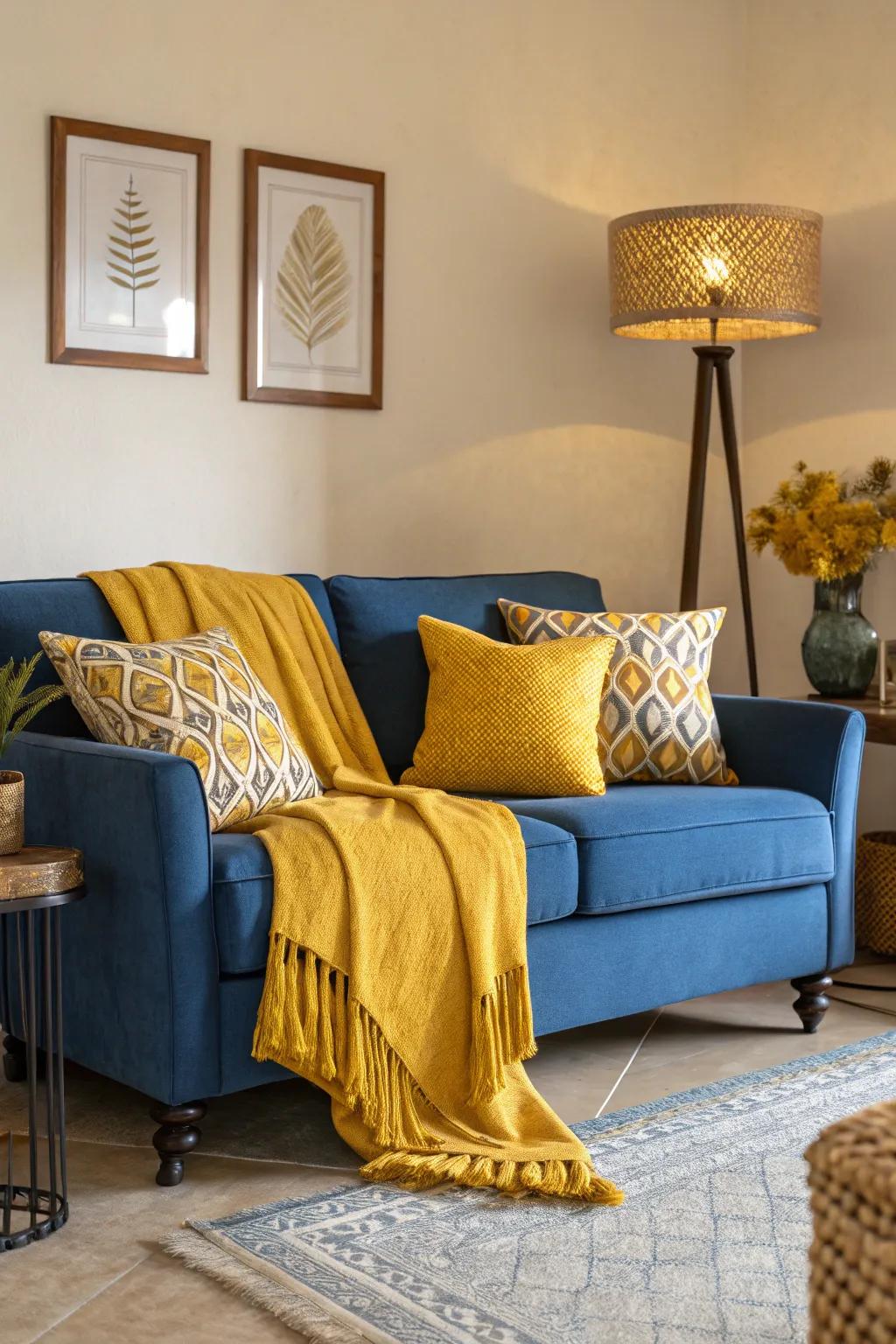 Mustard yellow accents brighten a blue sofa setup.