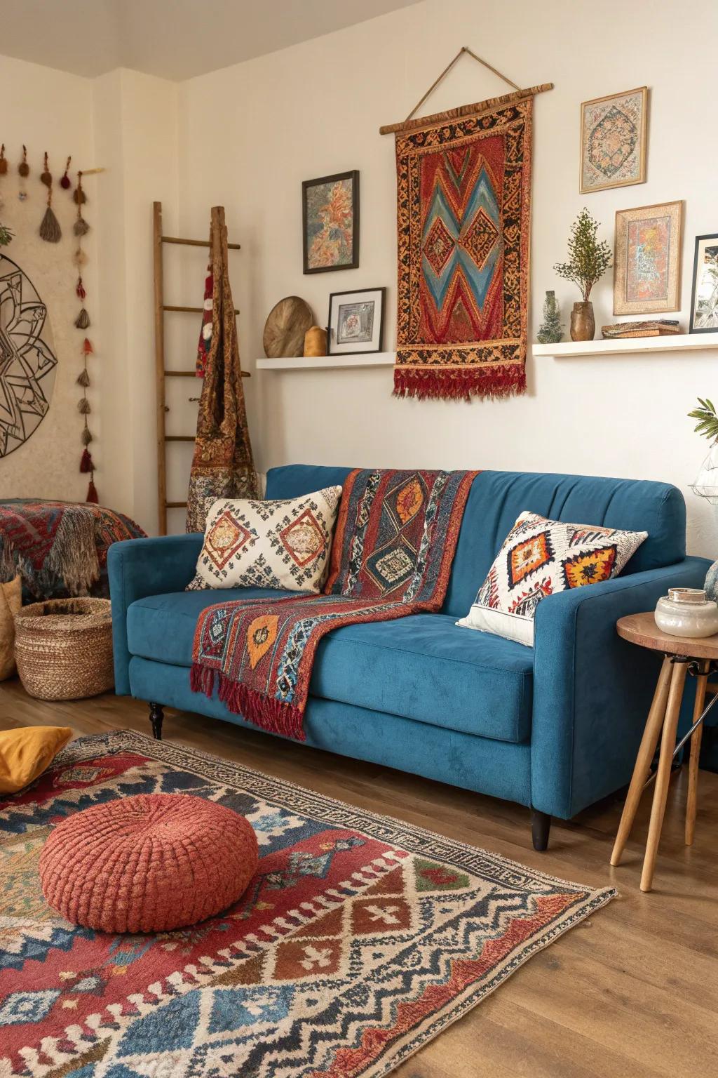 Eclectic patterns add character to a blue sofa area.