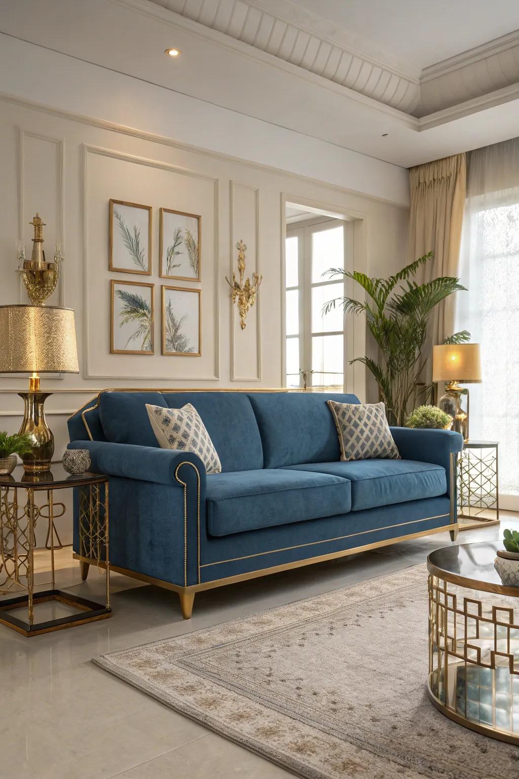Metallic details add luxury to a blue sofa setting.