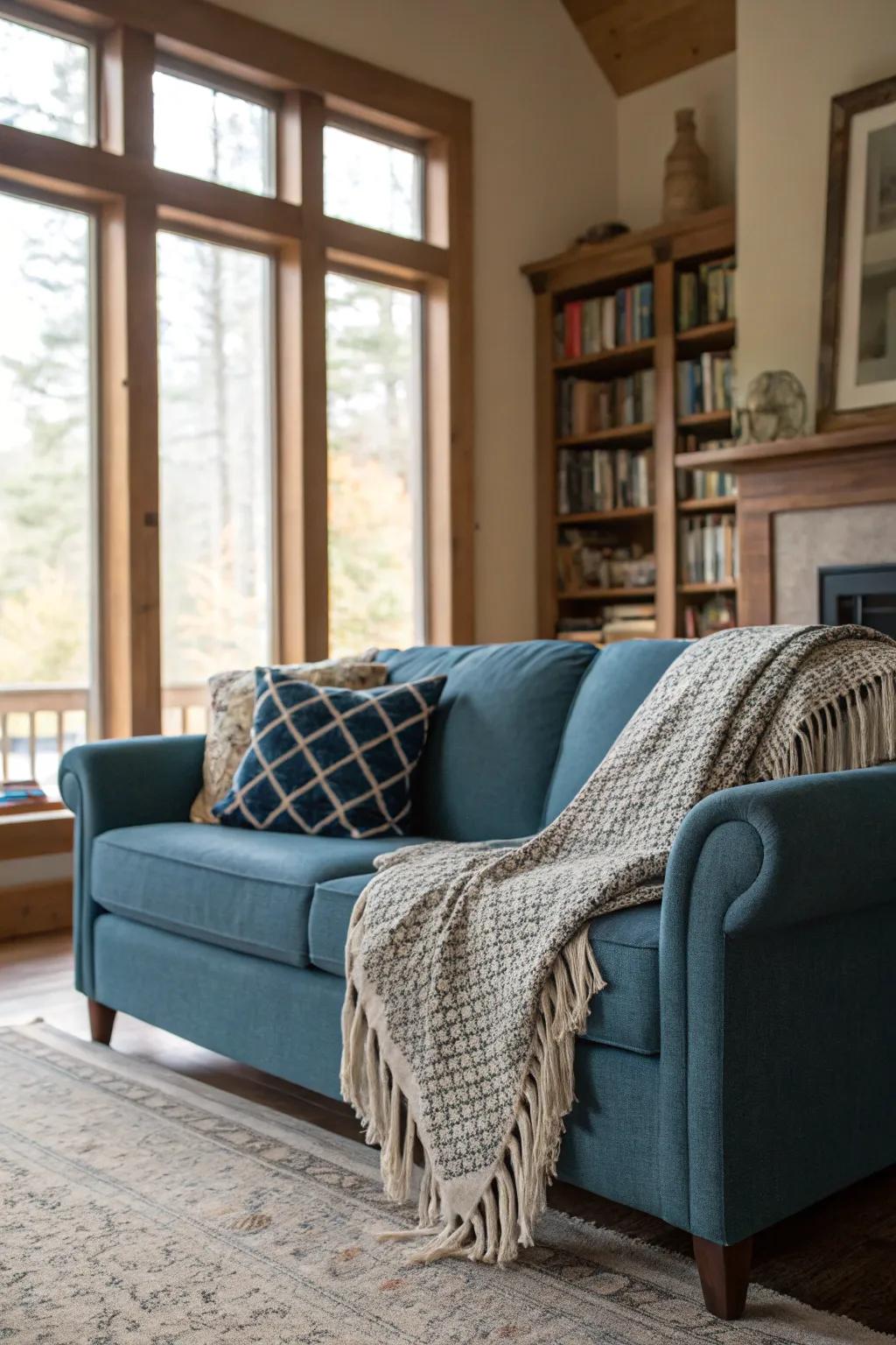 Textured throws add warmth to a blue sofa.