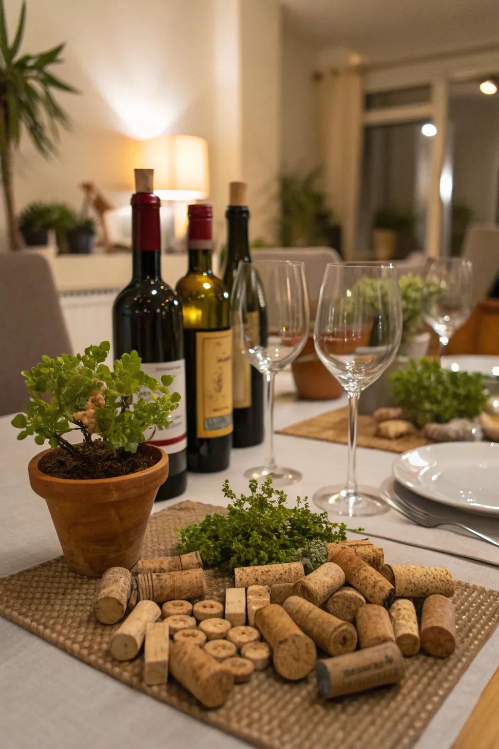 Whimsical cork décor adding personality to the table.