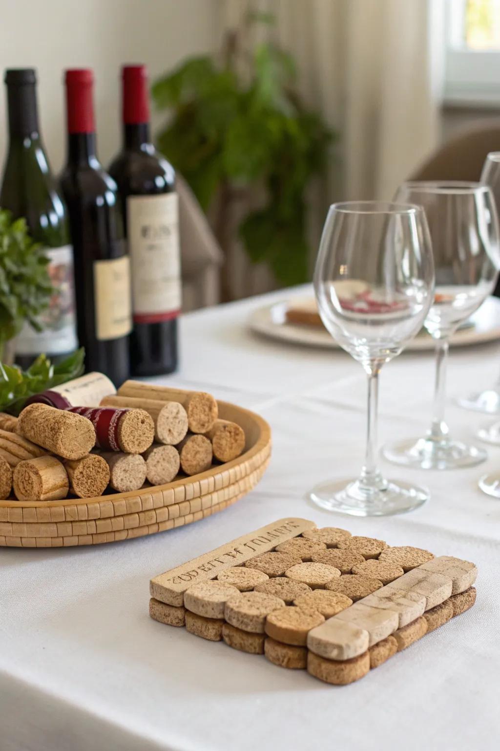 Handcrafted wine stopper coasters adding a unique flair.