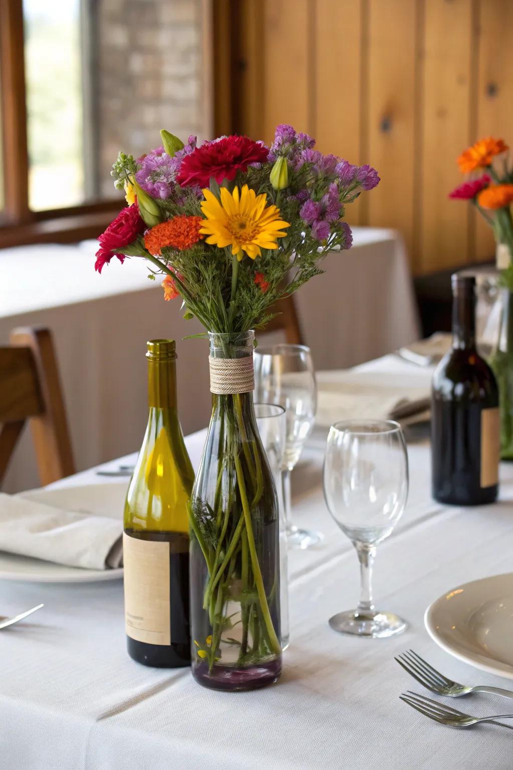 Creative flower holders made from wine bottles.