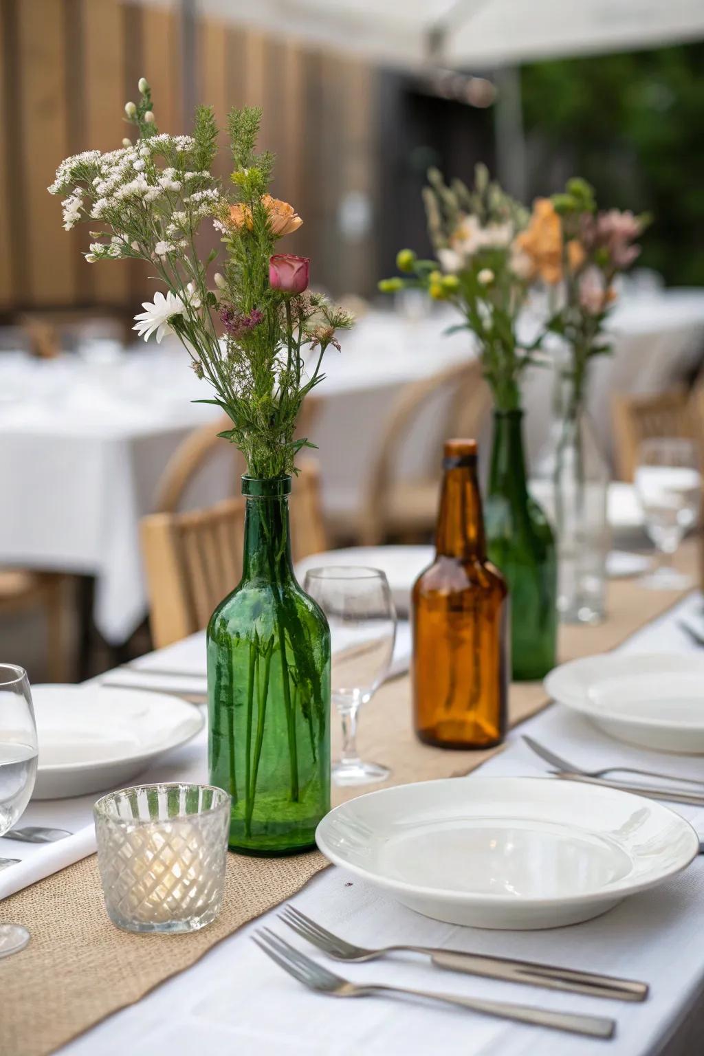 Colored glass vessels adding lively accents.
