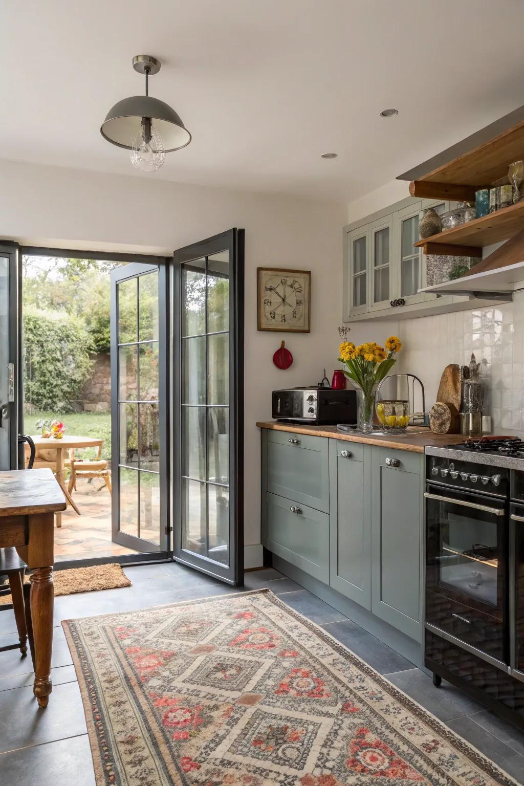 Combine modern bifold doors with classic decor for a unique kitchen look.