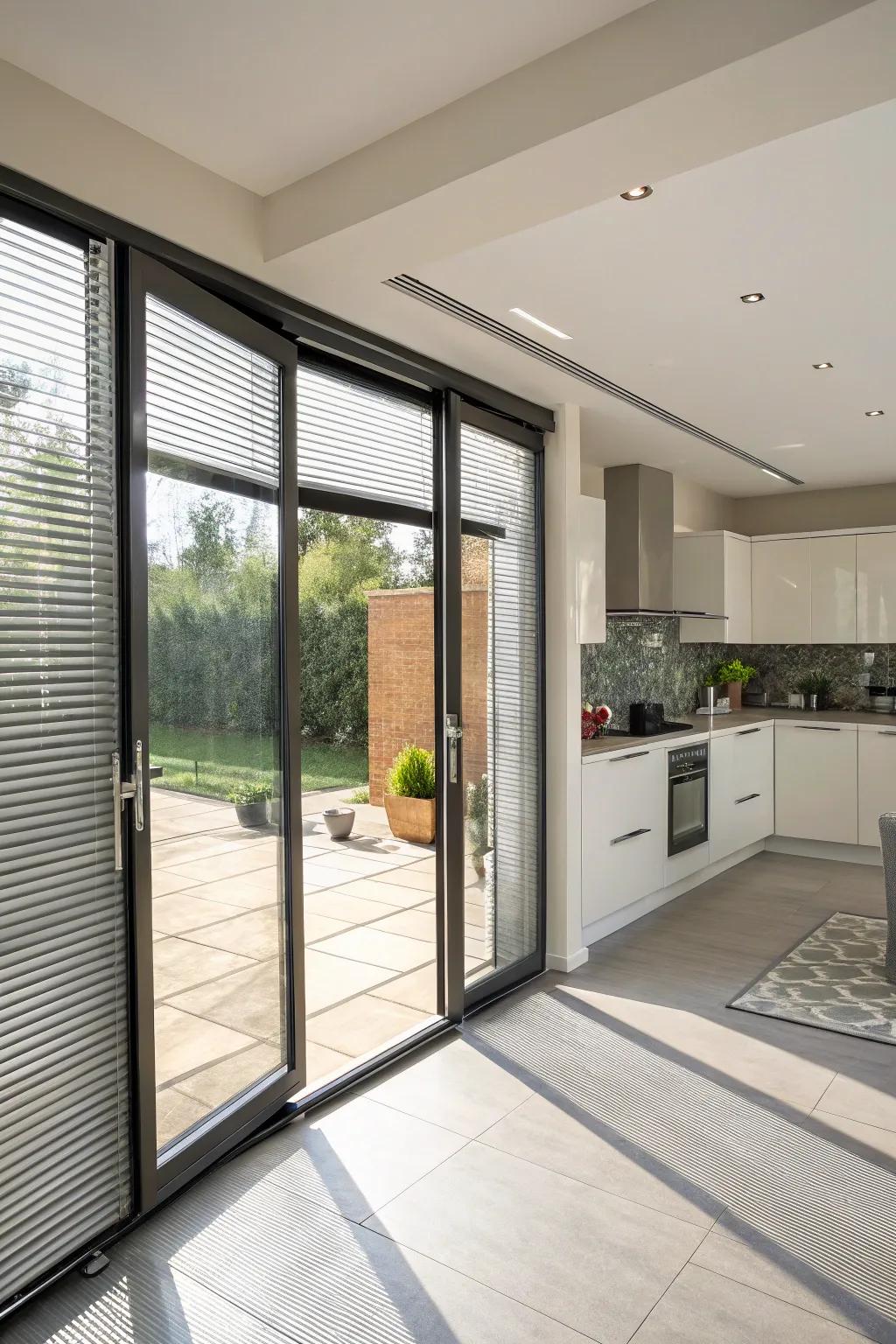 Built-in blinds in bifold doors offer adaptable lighting options.