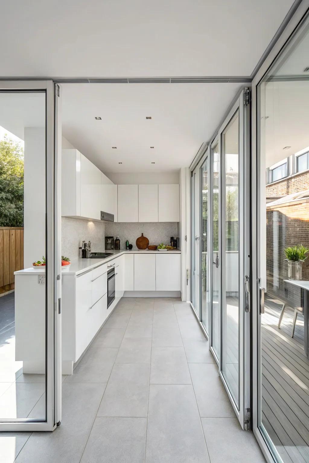 Sleek aluminum-framed bifold doors create a refined kitchen look.