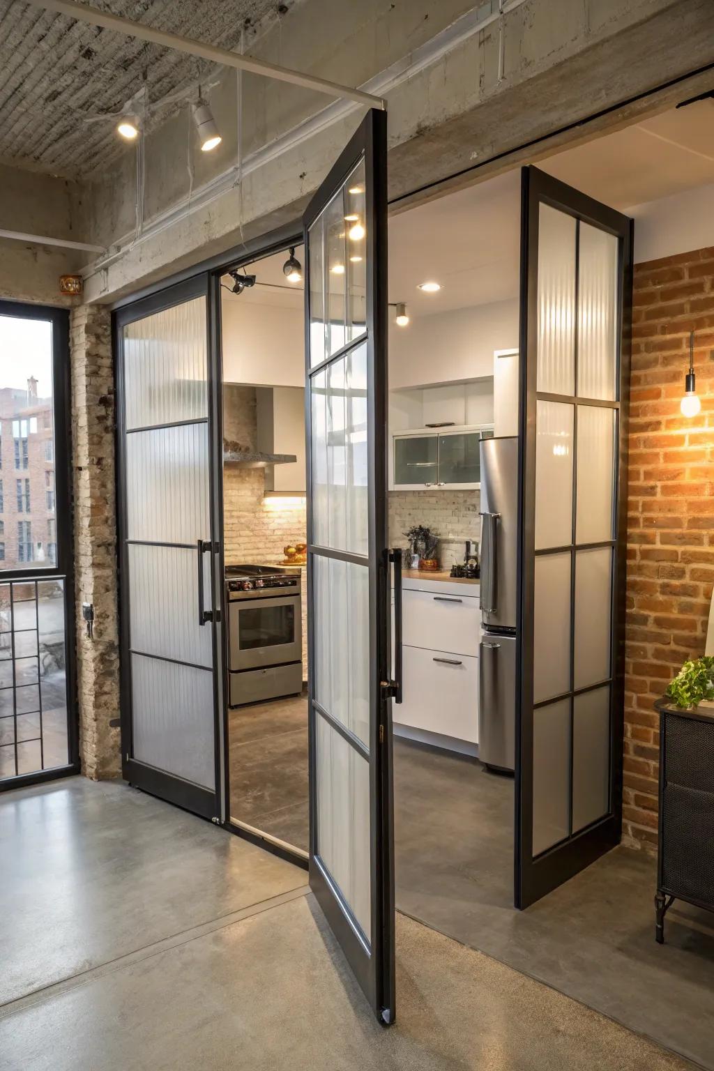 Frosted glass bifold doors maintain privacy while allowing light.
