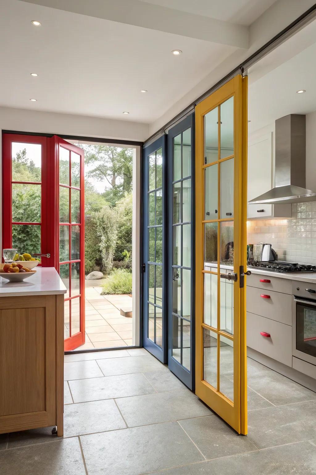 Brightly colored bifold door frames create a bold kitchen statement.