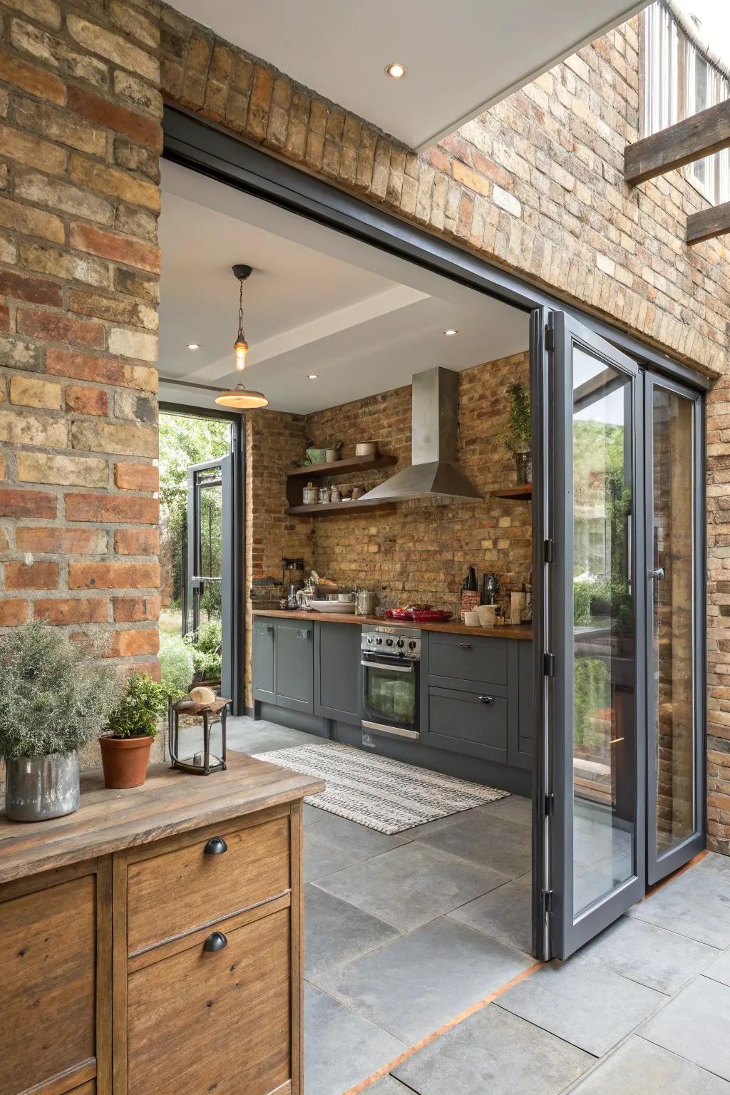 Combine rustic brick with modern bifold doors for a warm kitchen.