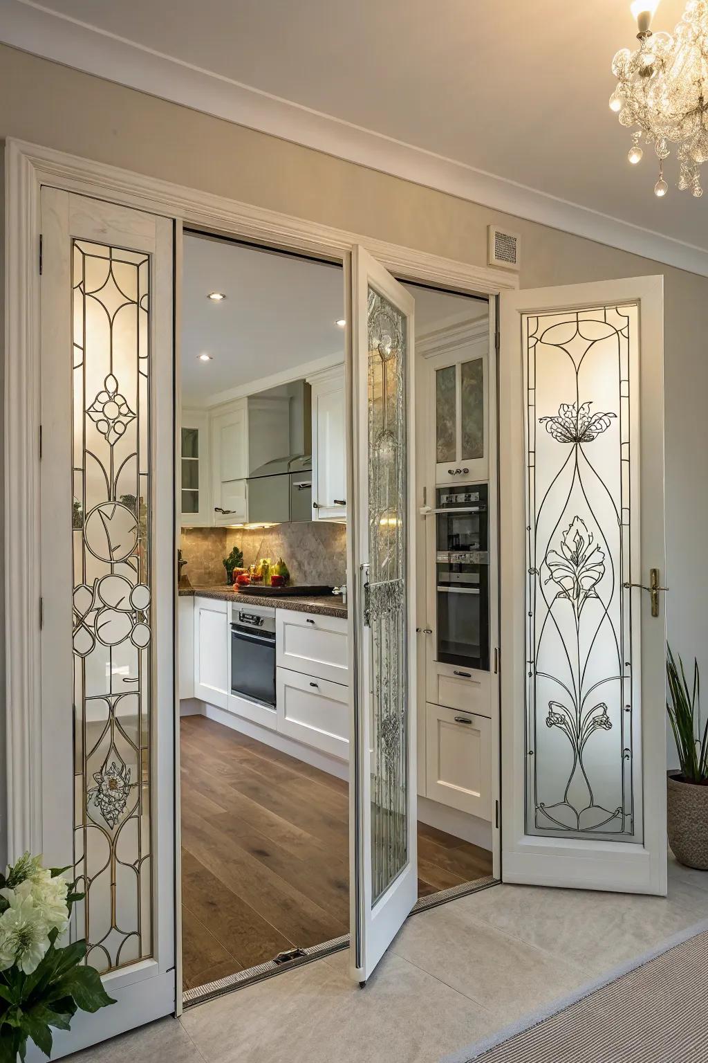 Decorative glass panels add unique character to bifold doors.