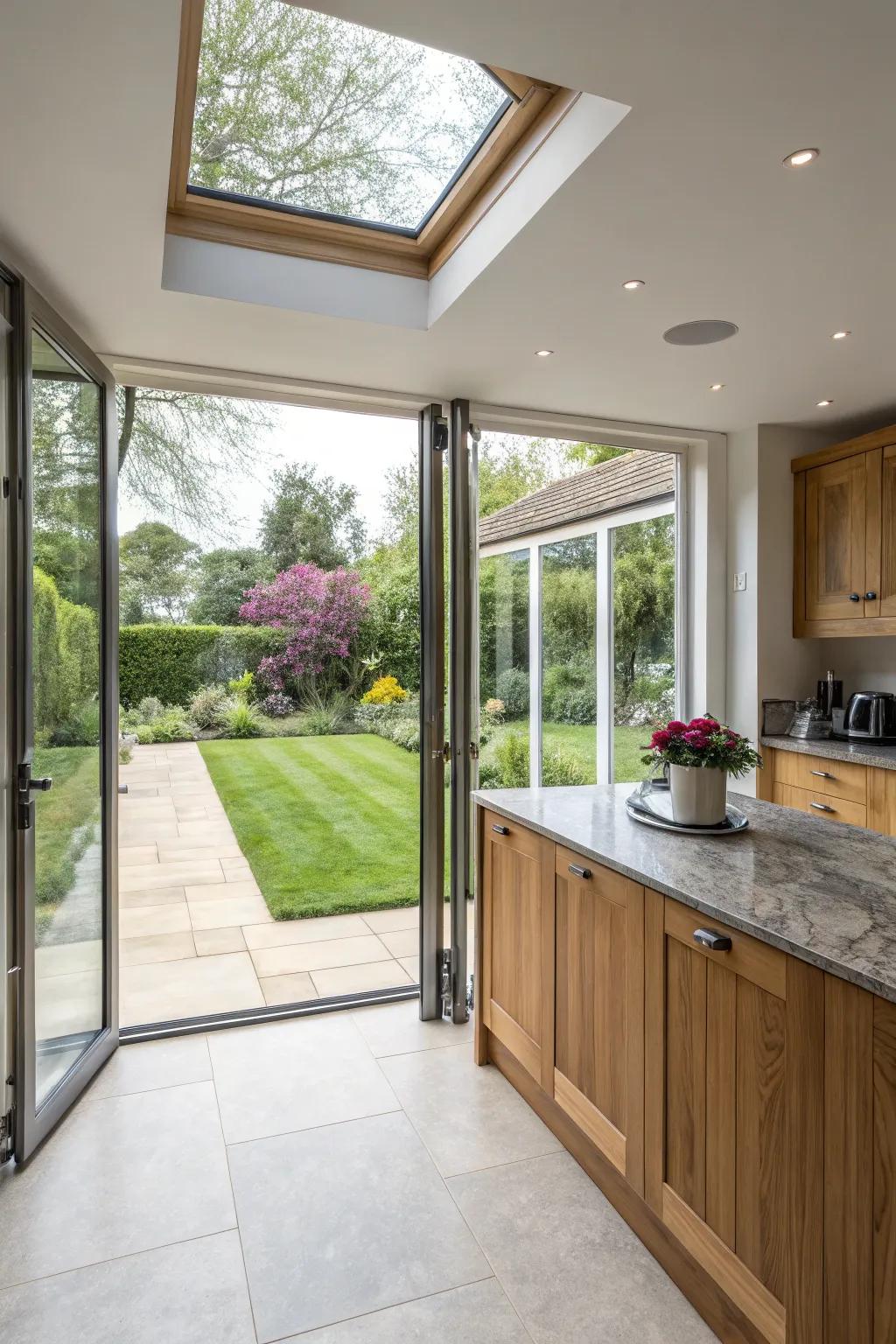 Corner bifold doors offer stunning panoramic views.