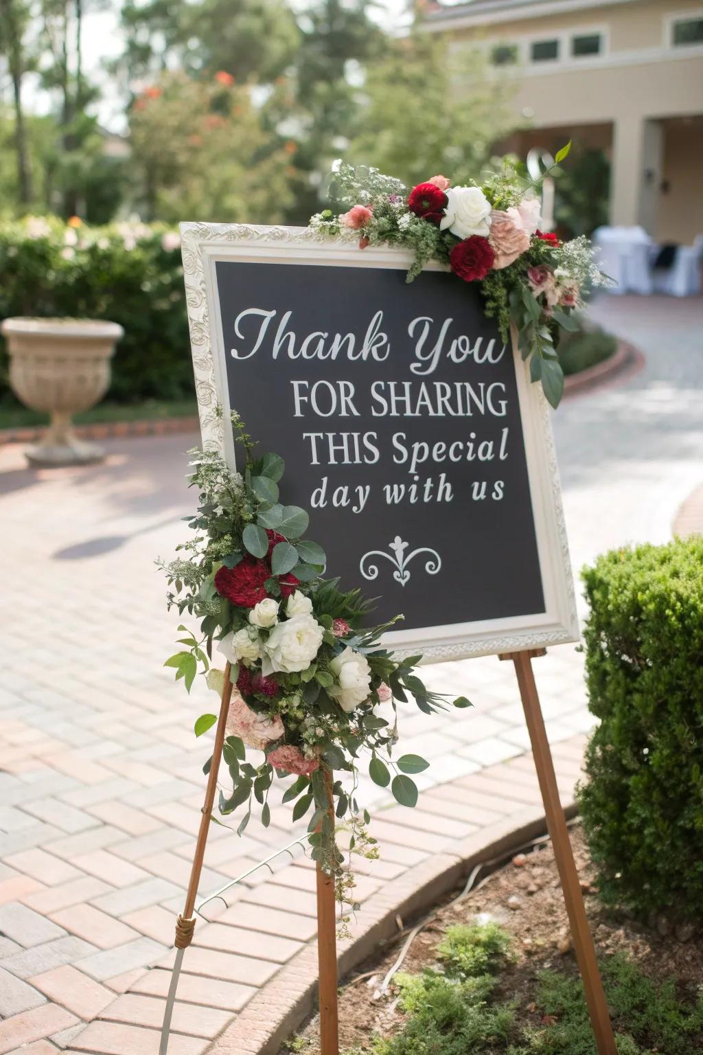 Sign conveying gratitude to guests, creating a warm atmosphere.