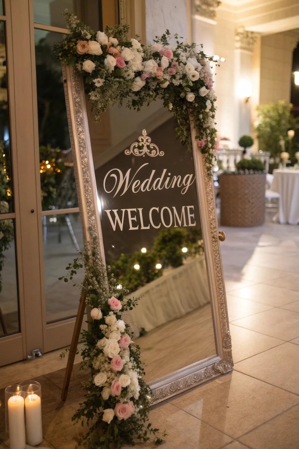 Mirrored sign adding elegance and interactive fun.