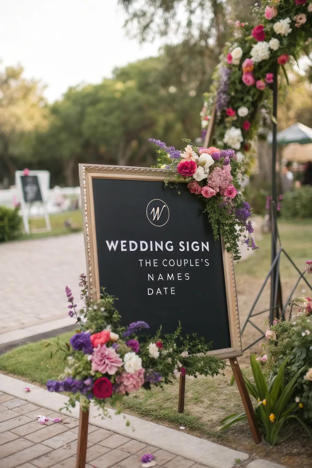 Floral frames adding freshness and color to wedding signs.