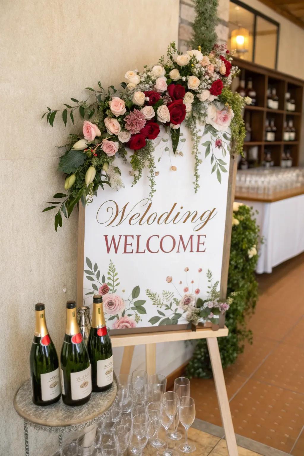 Champagne display greeting guests with celebratory drinks.