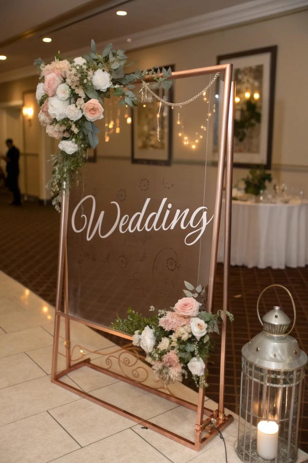 Metallic frames adding a luxurious touch to wedding signs.