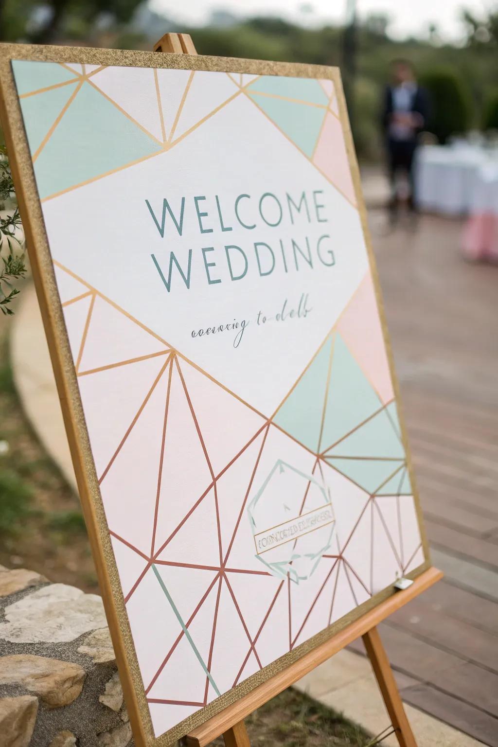 Geometric patterns adding a contemporary edge to wedding signs.