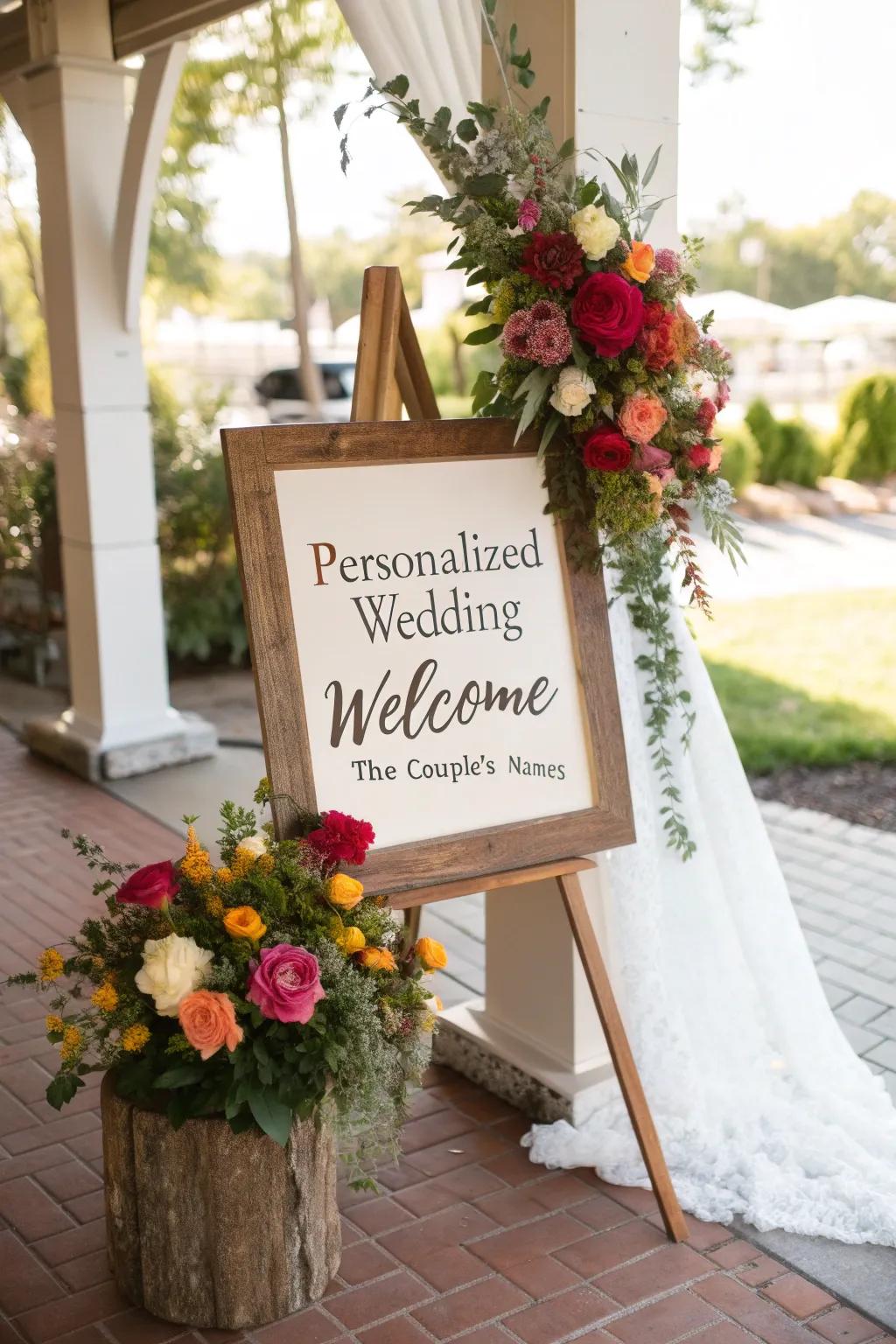 Custom welcome sign with romantic details.