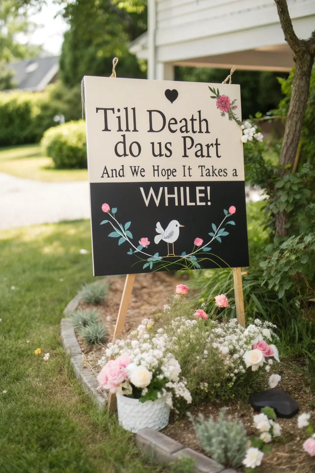 Funny wedding sign adding personality and laughter.