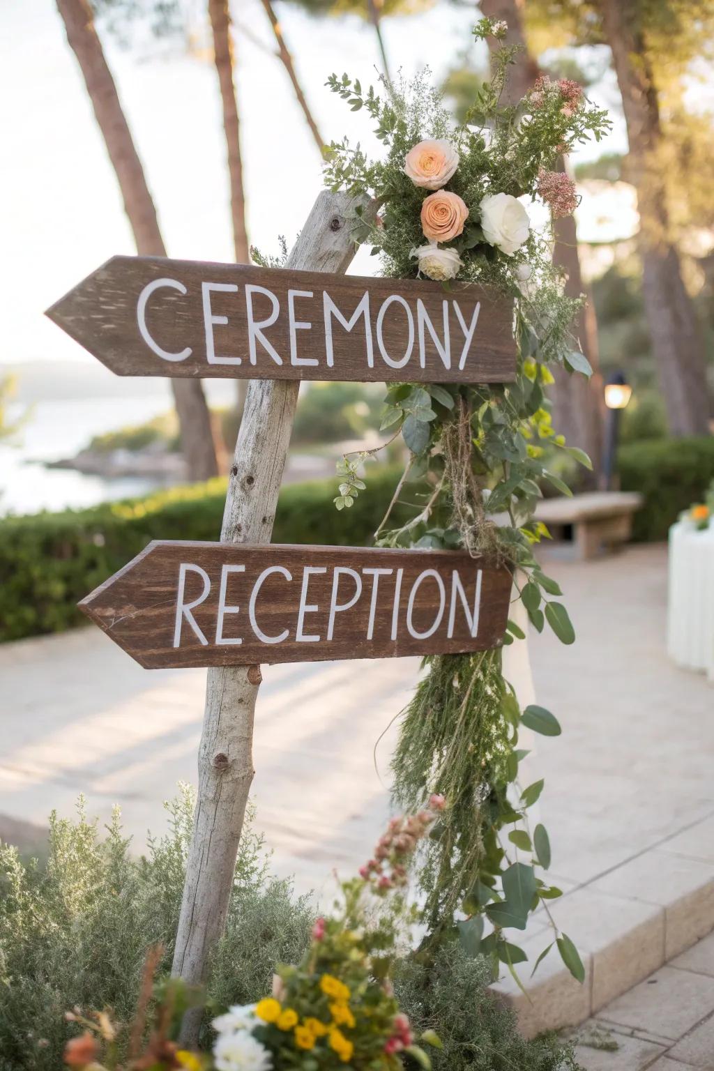 Directional signs guiding guests while enhancing wedding decor.