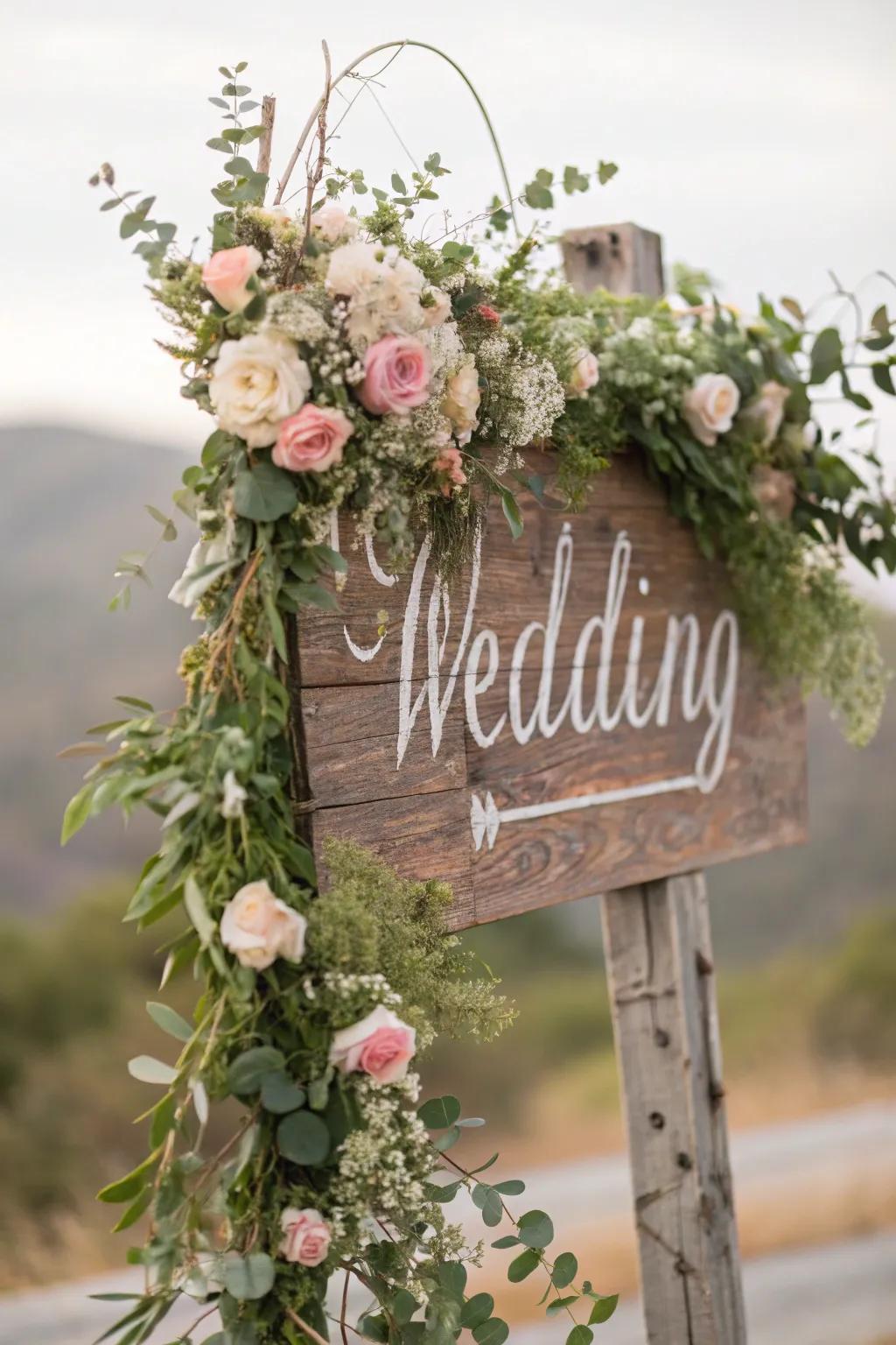 Wooden signs enhanced with natural elements for rustic appeal.