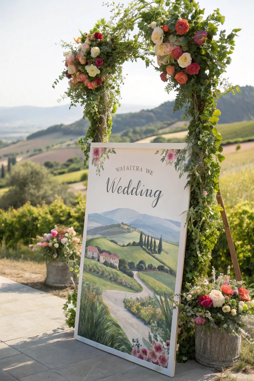 Illustrated wedding sign depicting the venue's charm.