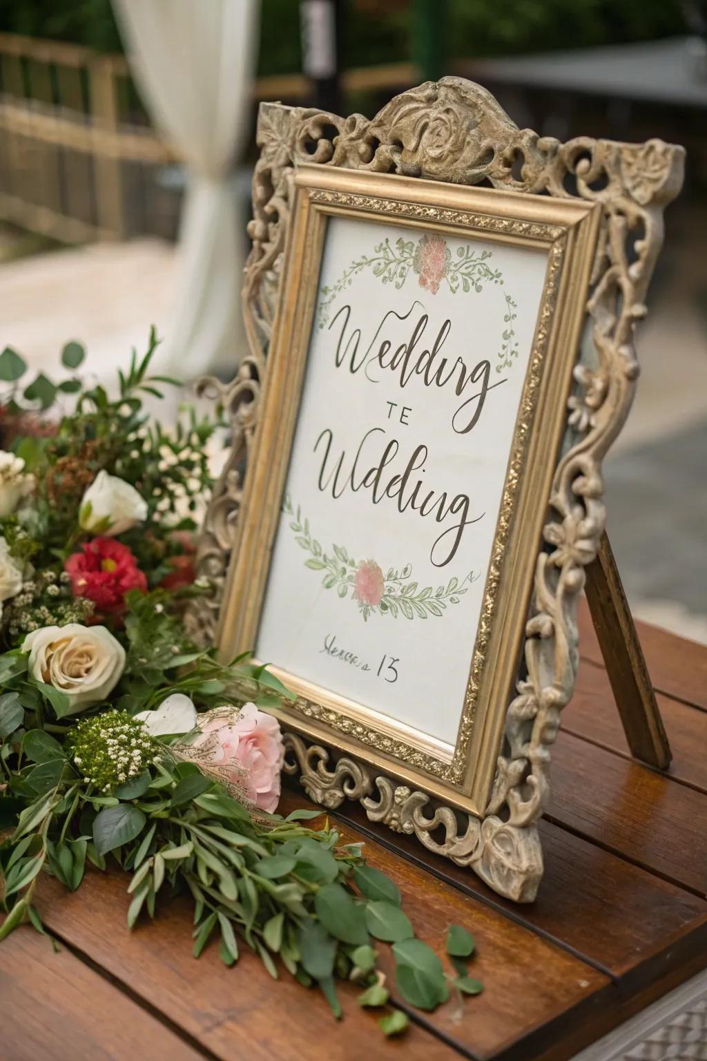 Vintage frames adding classic elegance to wedding signs.