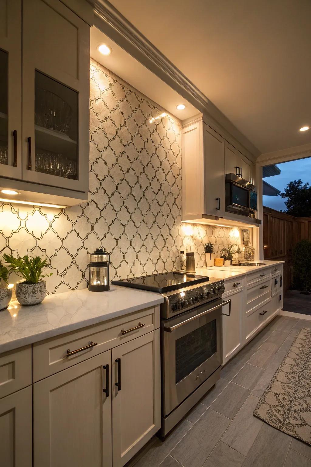 Under-cabinet lighting illuminating arabesque tile backsplash in a modern kitchen.