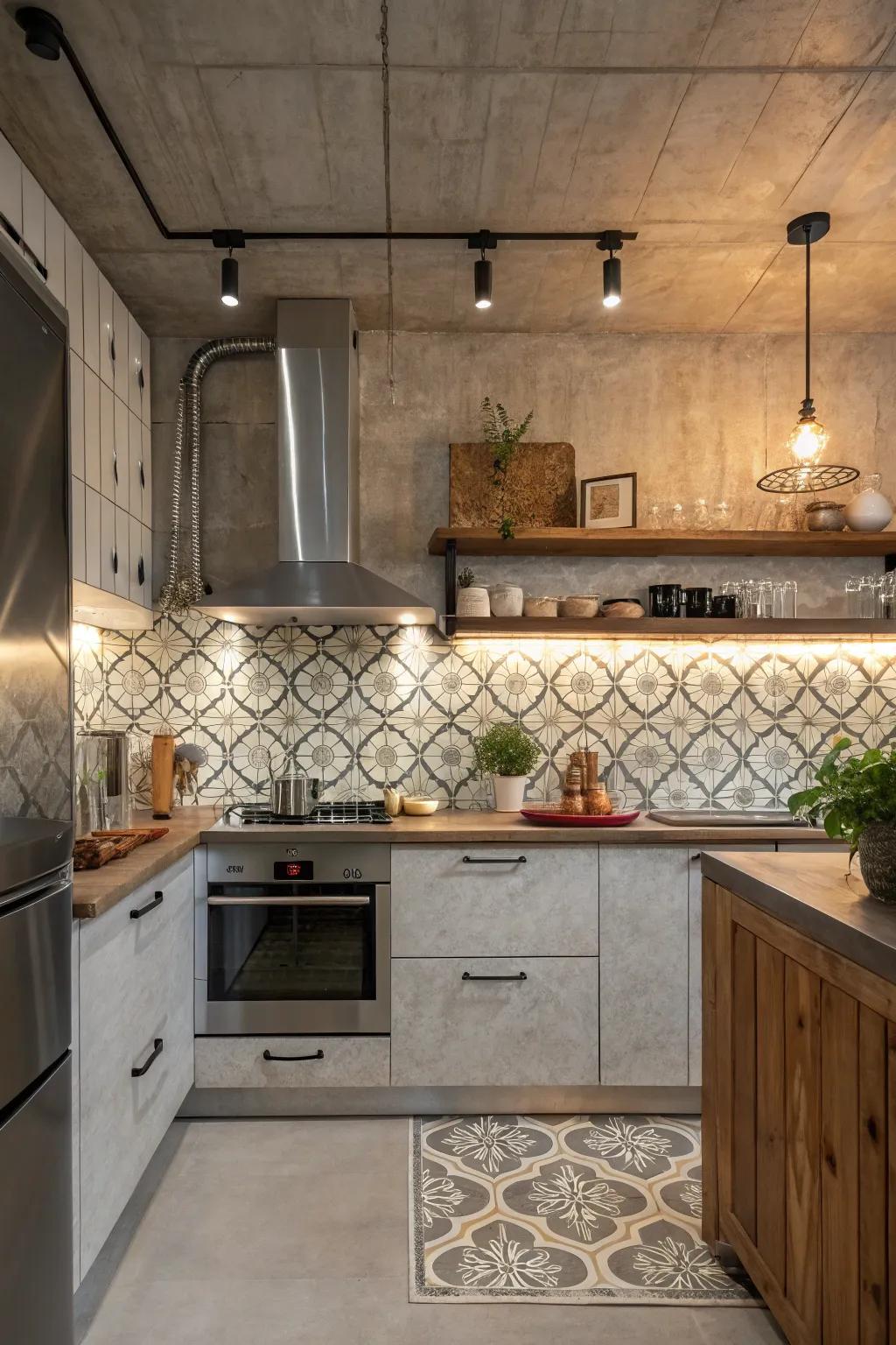 Industrial kitchen blending arabesque tiles with concrete countertops and fixtures.