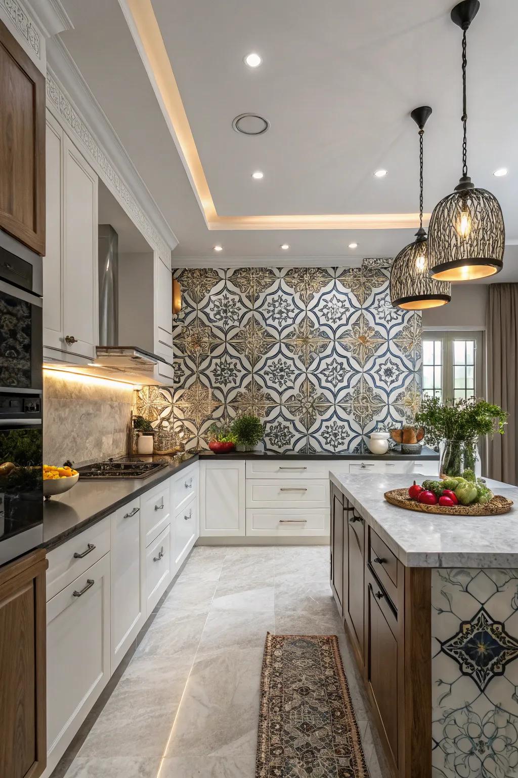 Kitchen featuring large arabesque tiles creating a dramatic backsplash.