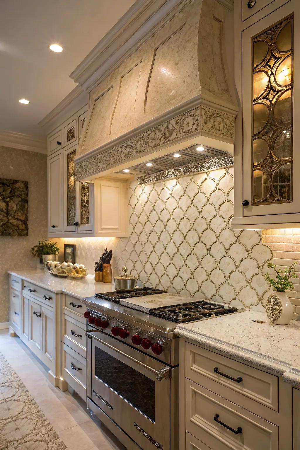 Luxurious kitchen with textured arabesque tile backsplash adding depth.