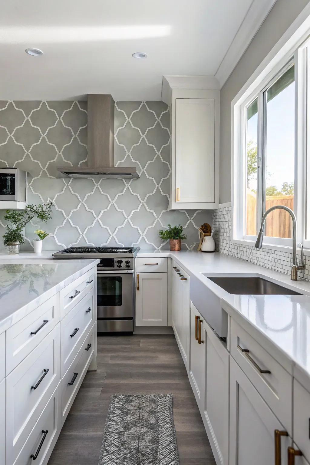 Minimalist kitchen featuring soft gray arabesque tile backsplash for a serene look.