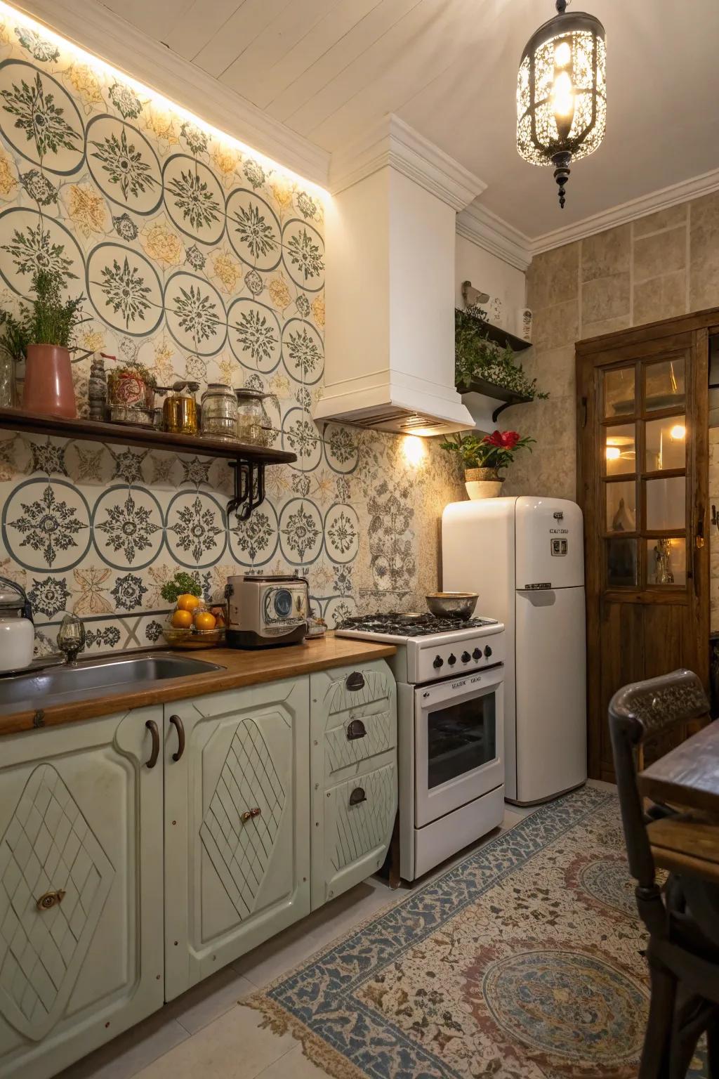 Kitchen featuring vintage-style arabesque medallion tiles for timeless elegance.