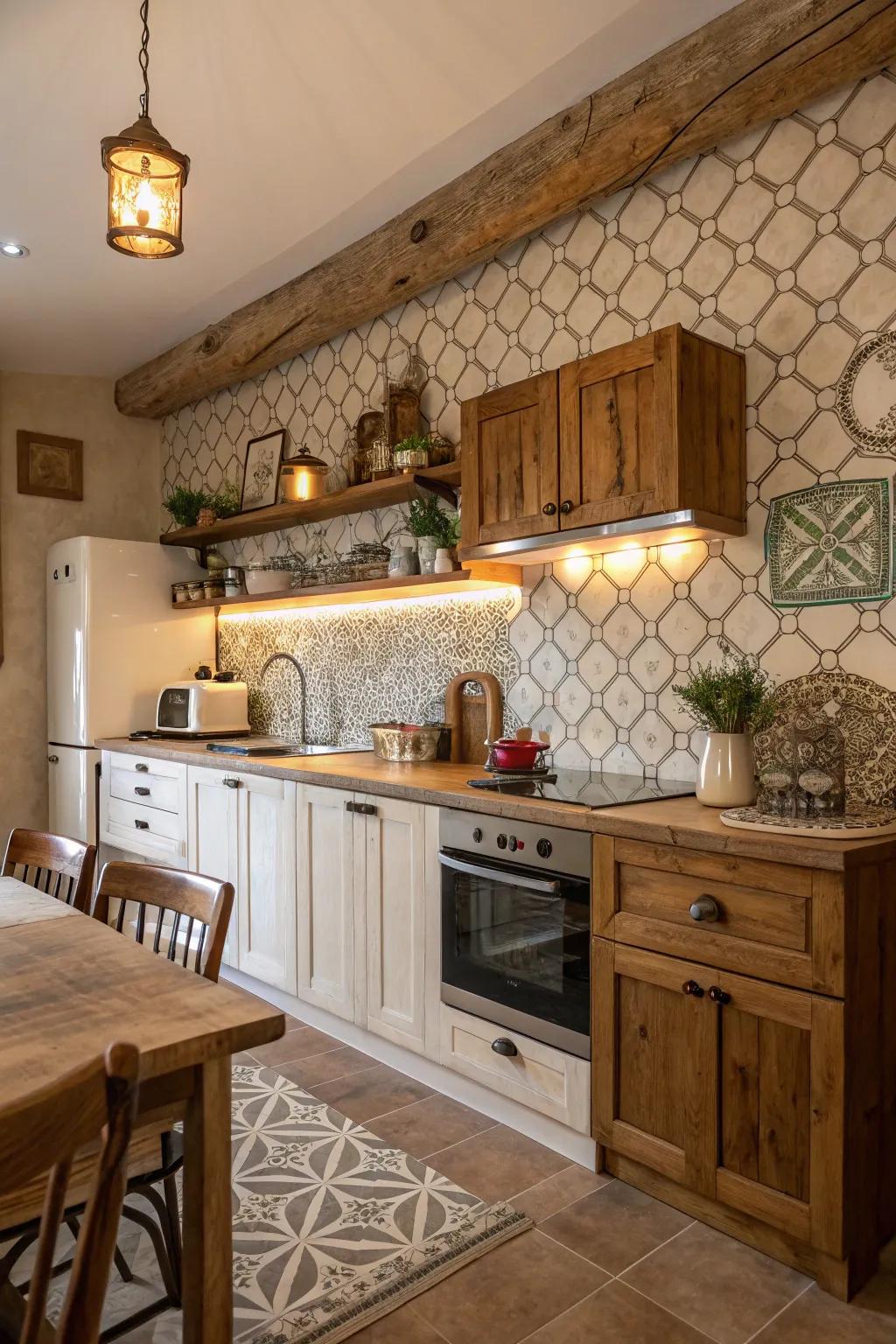 Inviting kitchen featuring warm wood accents alongside arabesque tile backsplash.