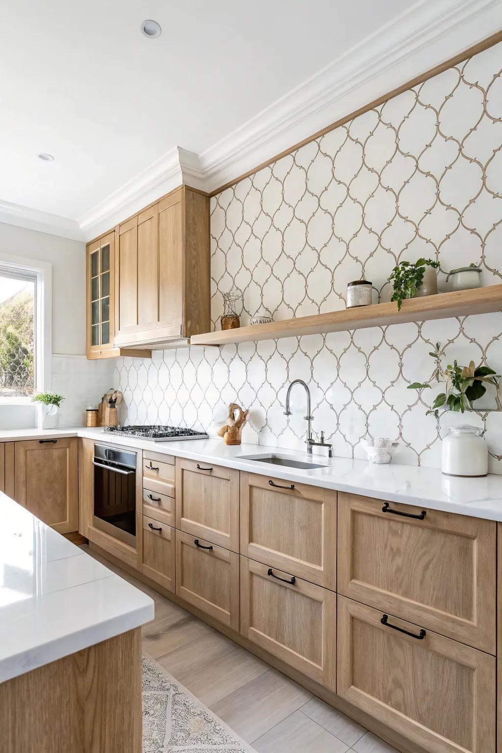 Traditional kitchen with pristine white arabesque tile backsplash for a serene ambiance.