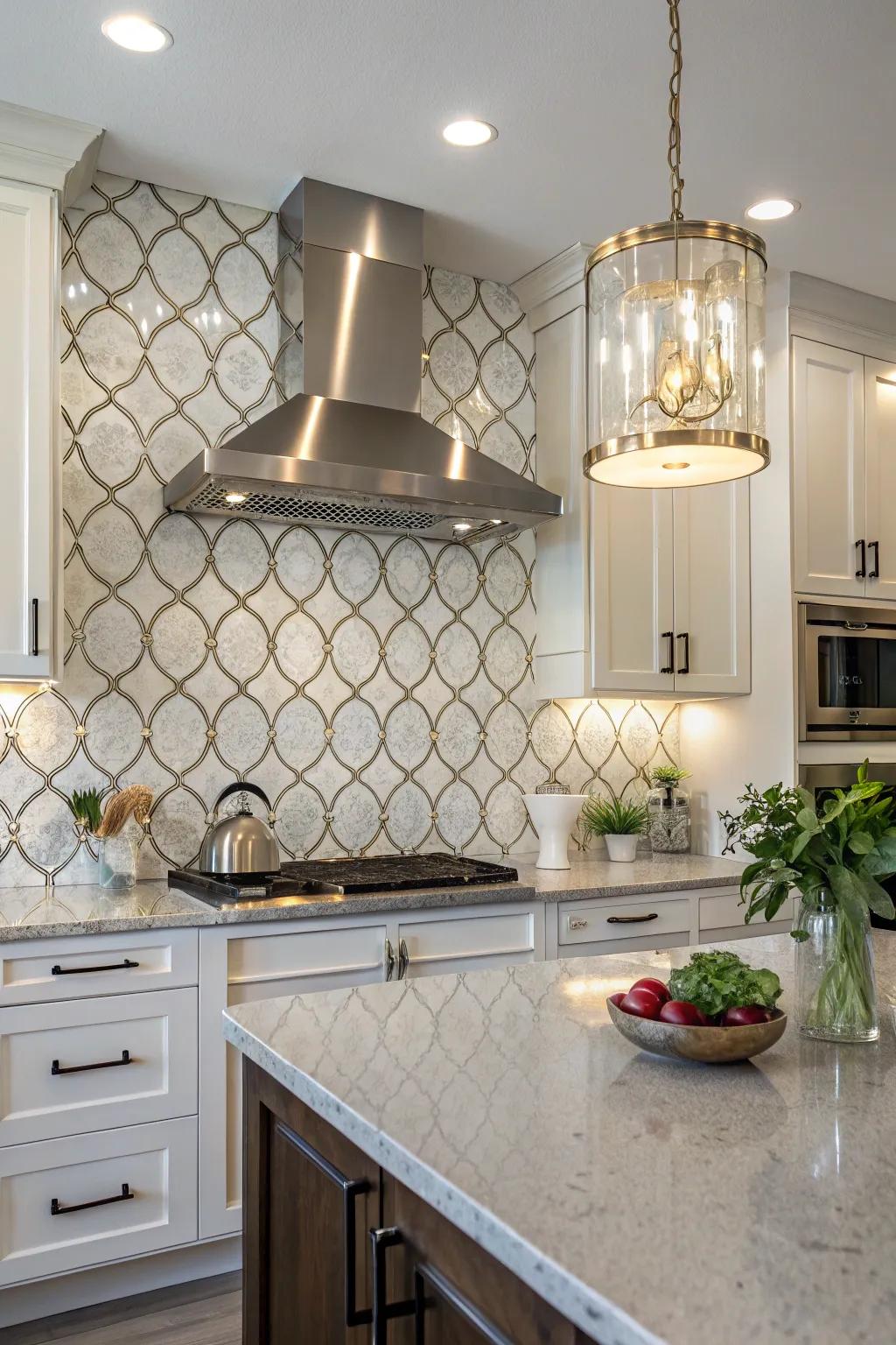 Contemporary kitchen featuring arabesque tiles with metallic highlights for a glamorous touch.
